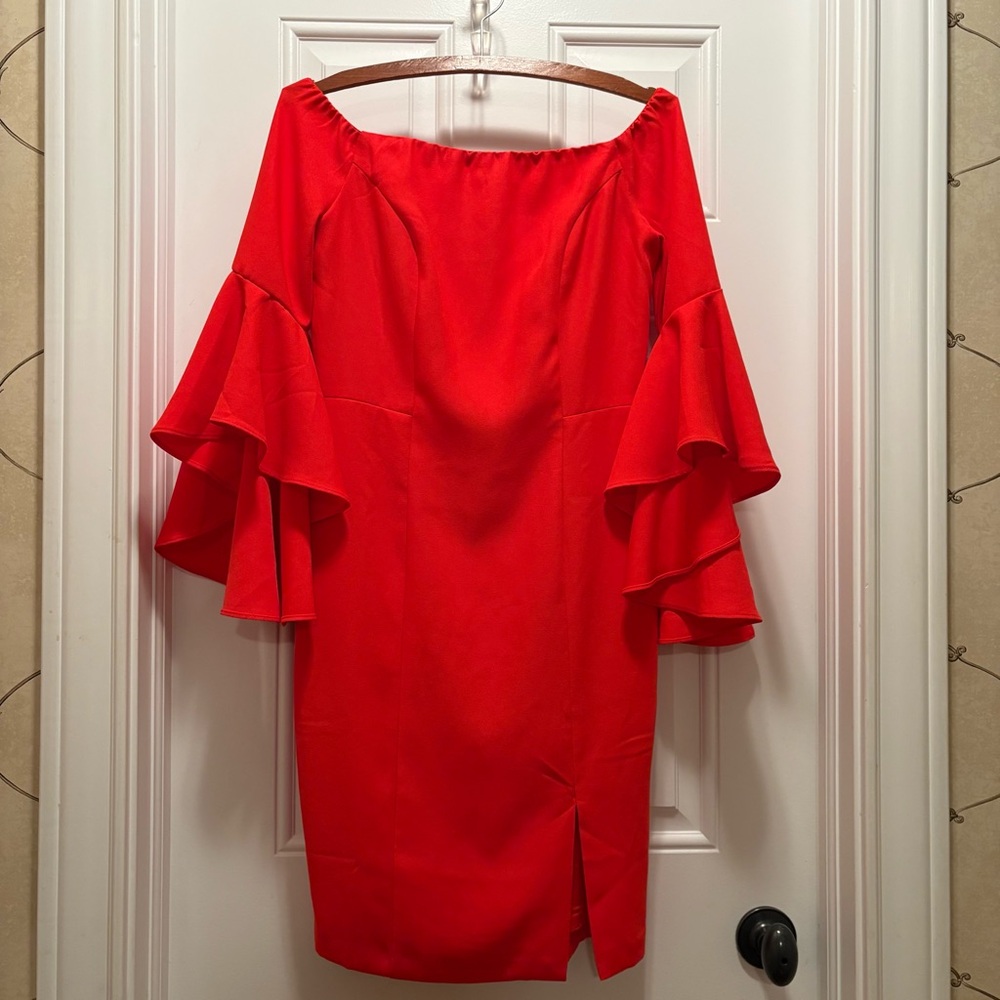 VENUS Vibrant Dark Orange Off the Shoulder Dress With Trumpet Sleeves, Size 4
